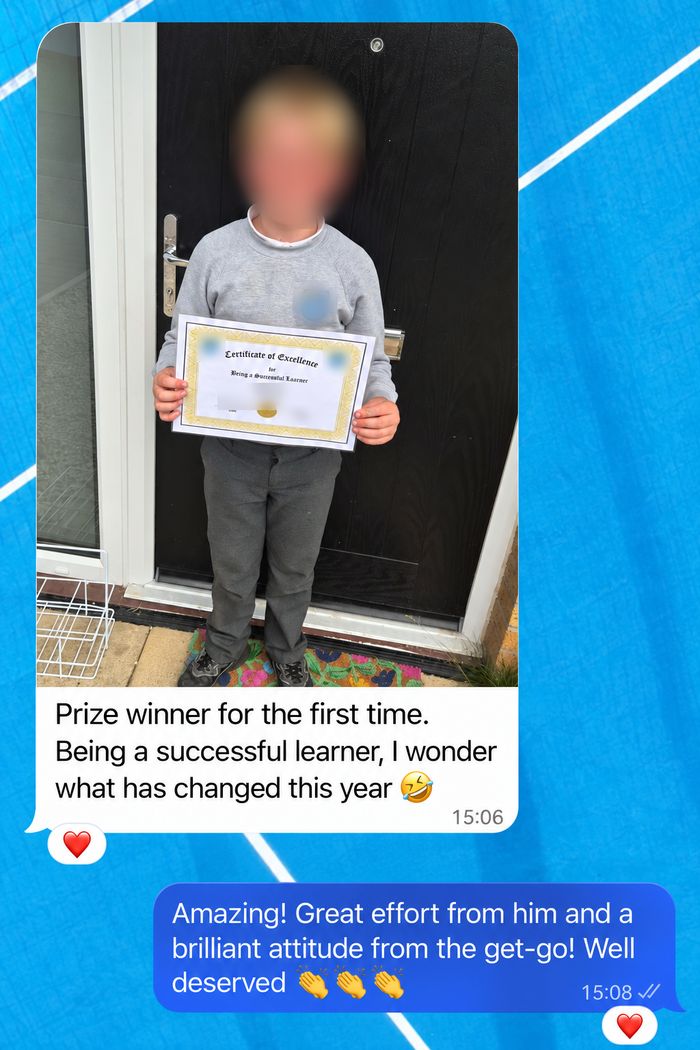 A message from a parent: 'Prize winner for the first time. Being a successful learner, I wonder what has changed this year', with a photo of their son holding a Certificate of Excellence