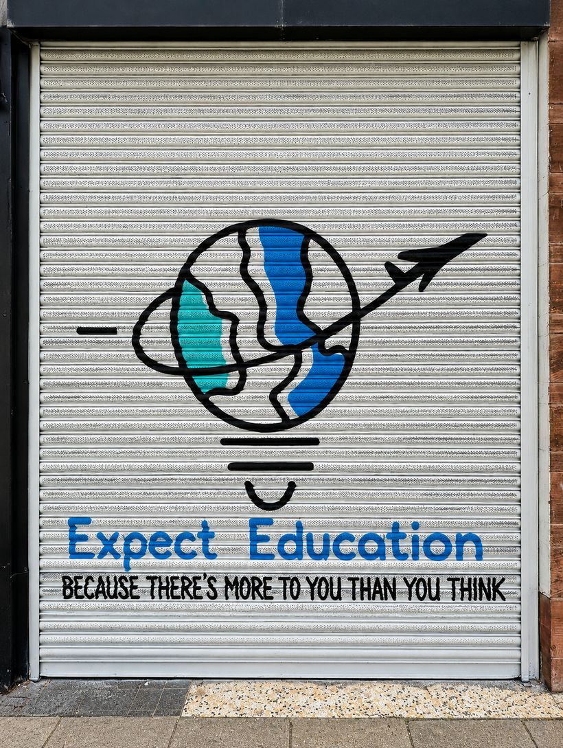The Expect Education logo painted on the shutter at 73 Meadowside, Dundee